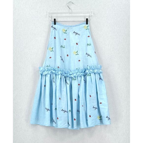 FANM MON X CLARE V Didom Maxi Skirt Womens XS Blue Embroidered Linen Ruffled - Picture 4 of 14